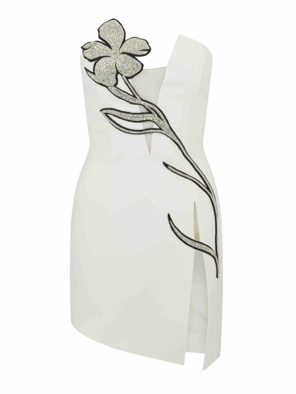 CRYSTAL FLOWER APPLIQUE TAILORED MINI DRESS IN WHITE