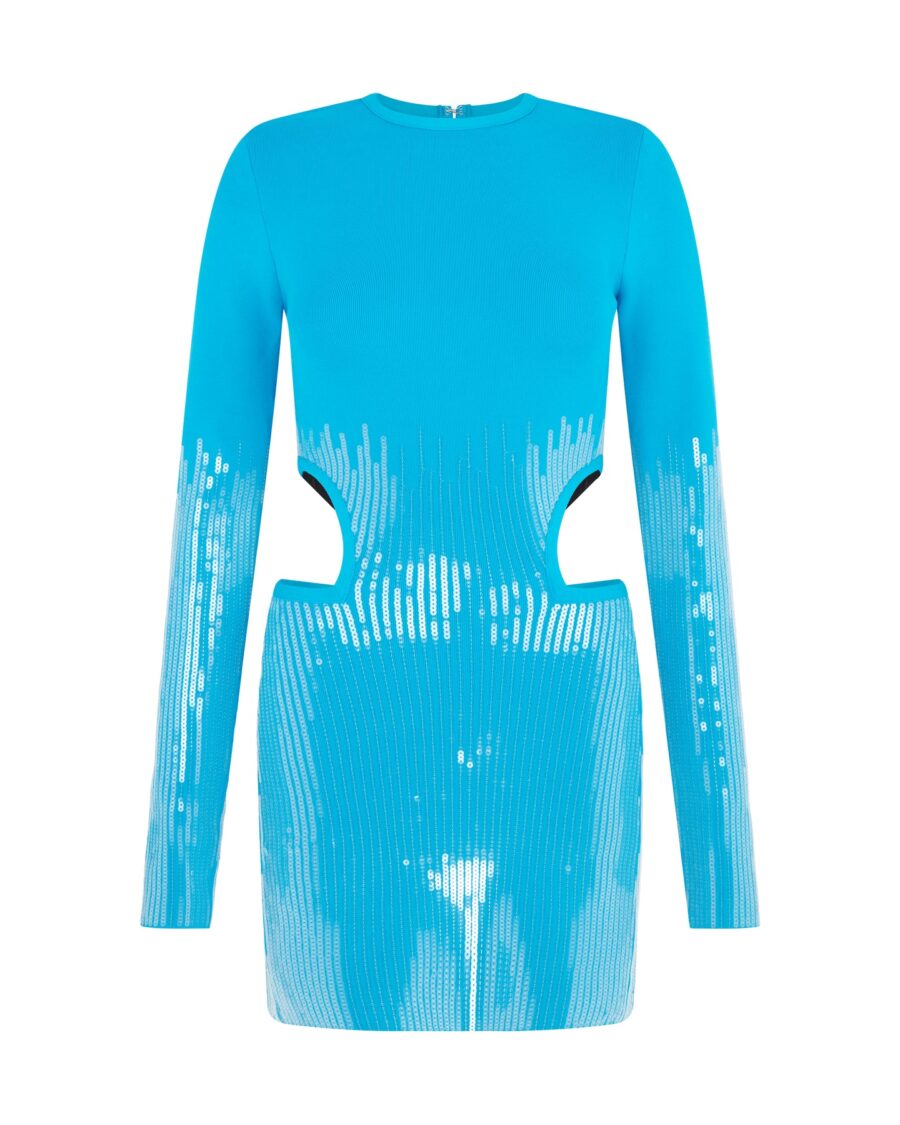 CUT-OUT SEQUIN KNIT MINI DRESS