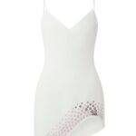 CRYSTAL EMBROIDERED CURVED HEM MINI DRESS IN WHITE