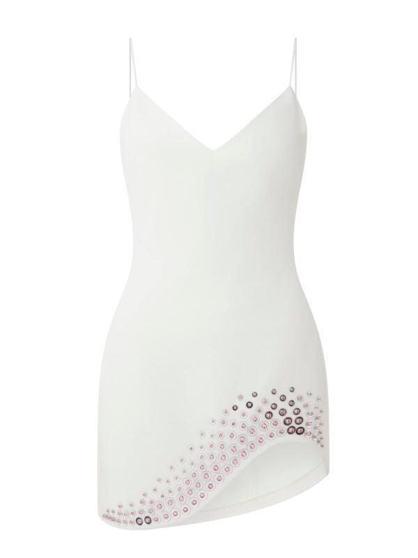 CRYSTAL EMBROIDERED CURVED HEM MINI DRESS IN WHITE