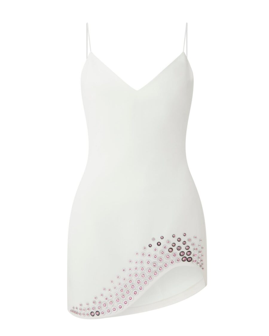 CRYSTAL EMBROIDERED CURVED HEM MINI DRESS IN WHITE