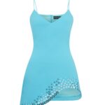 CRYSTAL EMBROIDERED CURVED HEM MINI DRESS IN AQUA