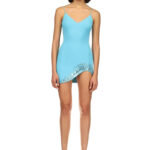 CRYSTAL EMBROIDERED CURVED HEM MINI DRESS IN AQUA