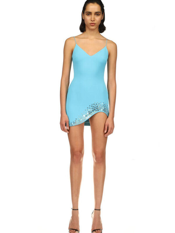 CRYSTAL EMBROIDERED CURVED HEM MINI DRESS IN AQUA