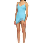 CRYSTAL EMBROIDERED CURVED HEM MINI DRESS IN AQUA