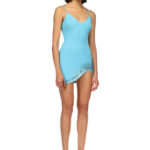 CRYSTAL EMBROIDERED CURVED HEM MINI DRESS IN AQUA