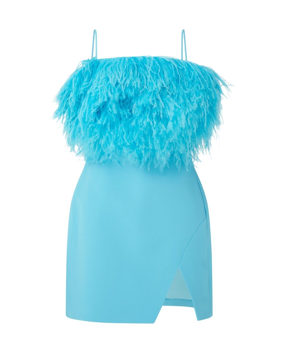 FEATHER TOP MINI DRESS IN AQUA