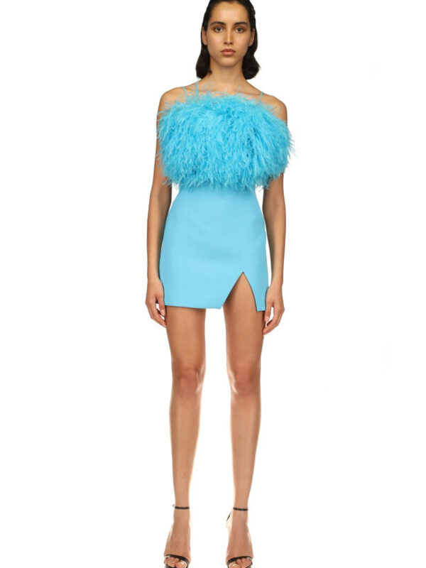 FEATHER TOP MINI DRESS IN AQUA