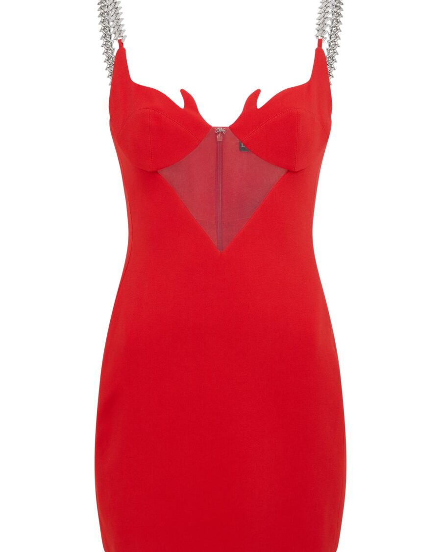 CRYSTAL CHAIN AND FLAME DETAIL MINI DRESS