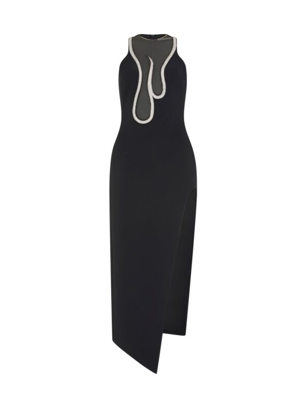 CRYSTAL EMBROIDERY FLAME FRAME NET INSERT OPEN LEG DRESS