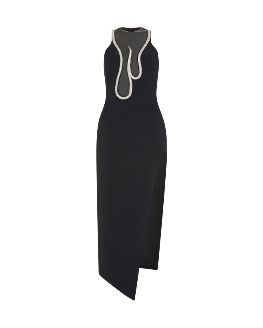 CRYSTAL EMBROIDERY FLAME FRAME NET INSERT OPEN LEG DRESS