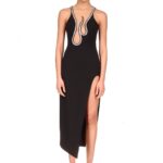 CRYSTAL EMBROIDERY FLAME FRAME NET INSERT OPEN LEG DRESS