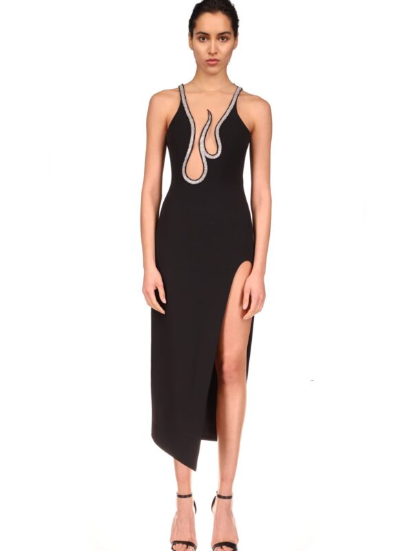 CRYSTAL EMBROIDERY FLAME FRAME NET INSERT OPEN LEG DRESS