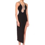 CRYSTAL EMBROIDERY FLAME FRAME NET INSERT OPEN LEG DRESS