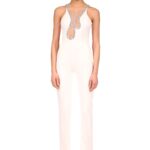 CRYSTAL EMBROIDERY FLAME FRAME NET INSERT JUMPSUIT IN WHITE