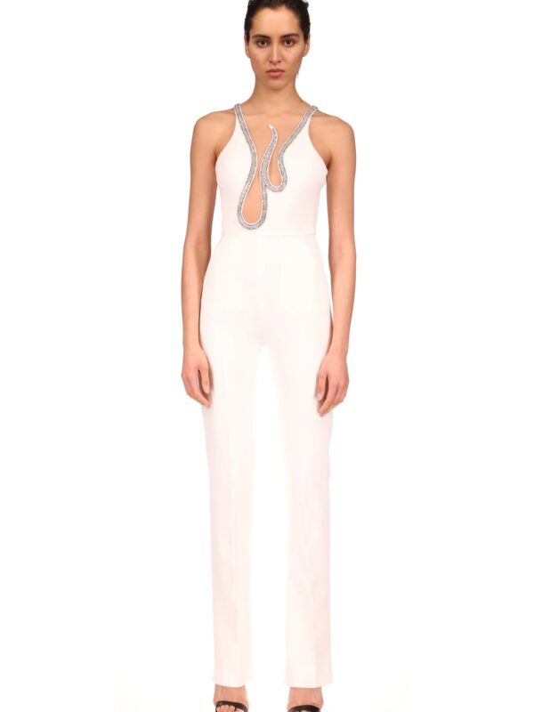 CRYSTAL EMBROIDERY FLAME FRAME NET INSERT JUMPSUIT IN WHITE