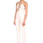 CRYSTAL EMBROIDERY FLAME FRAME NET INSERT JUMPSUIT IN WHITE