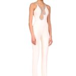 CRYSTAL EMBROIDERY FLAME FRAME NET INSERT JUMPSUIT IN WHITE
