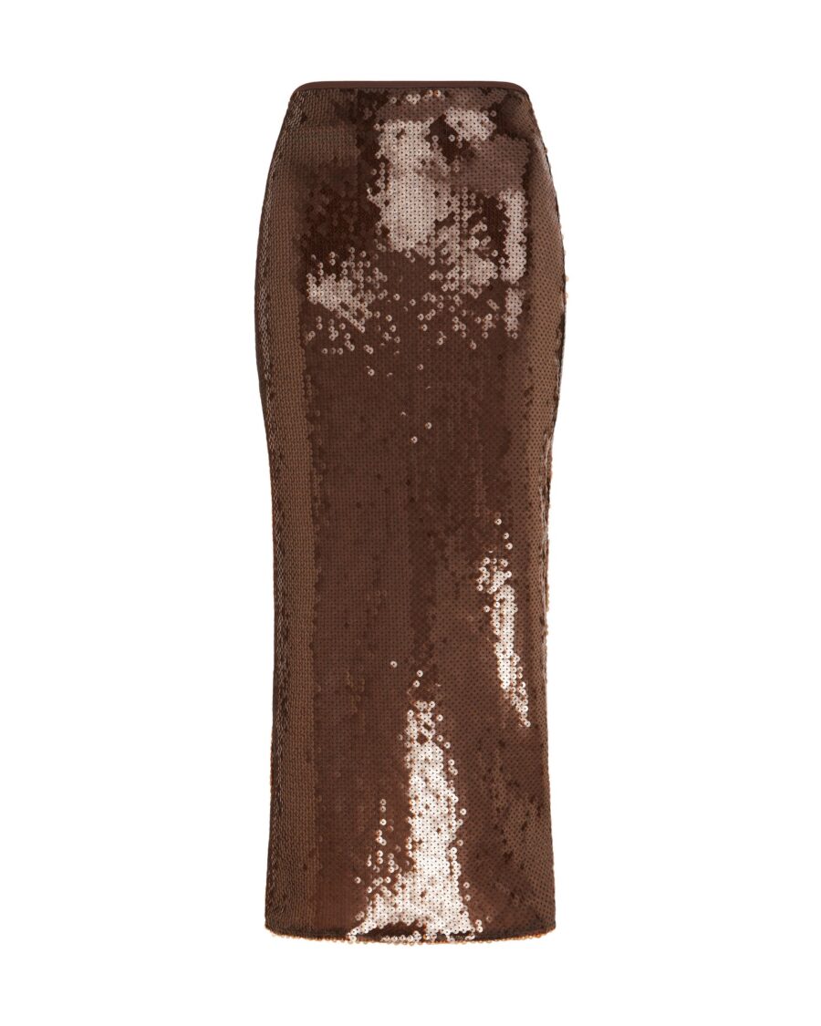 SEQUIN MIDI SKIRT IN BROWN