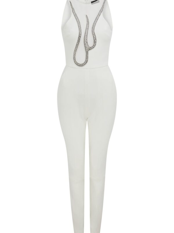 CRYSTAL EMBROIDERY FLAME FRAME NET INSERT JUMPSUIT IN WHITE