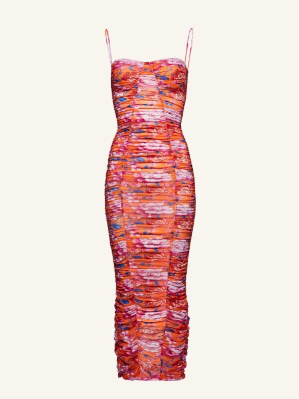 RUCHED FLORAL MIDI DRESS
