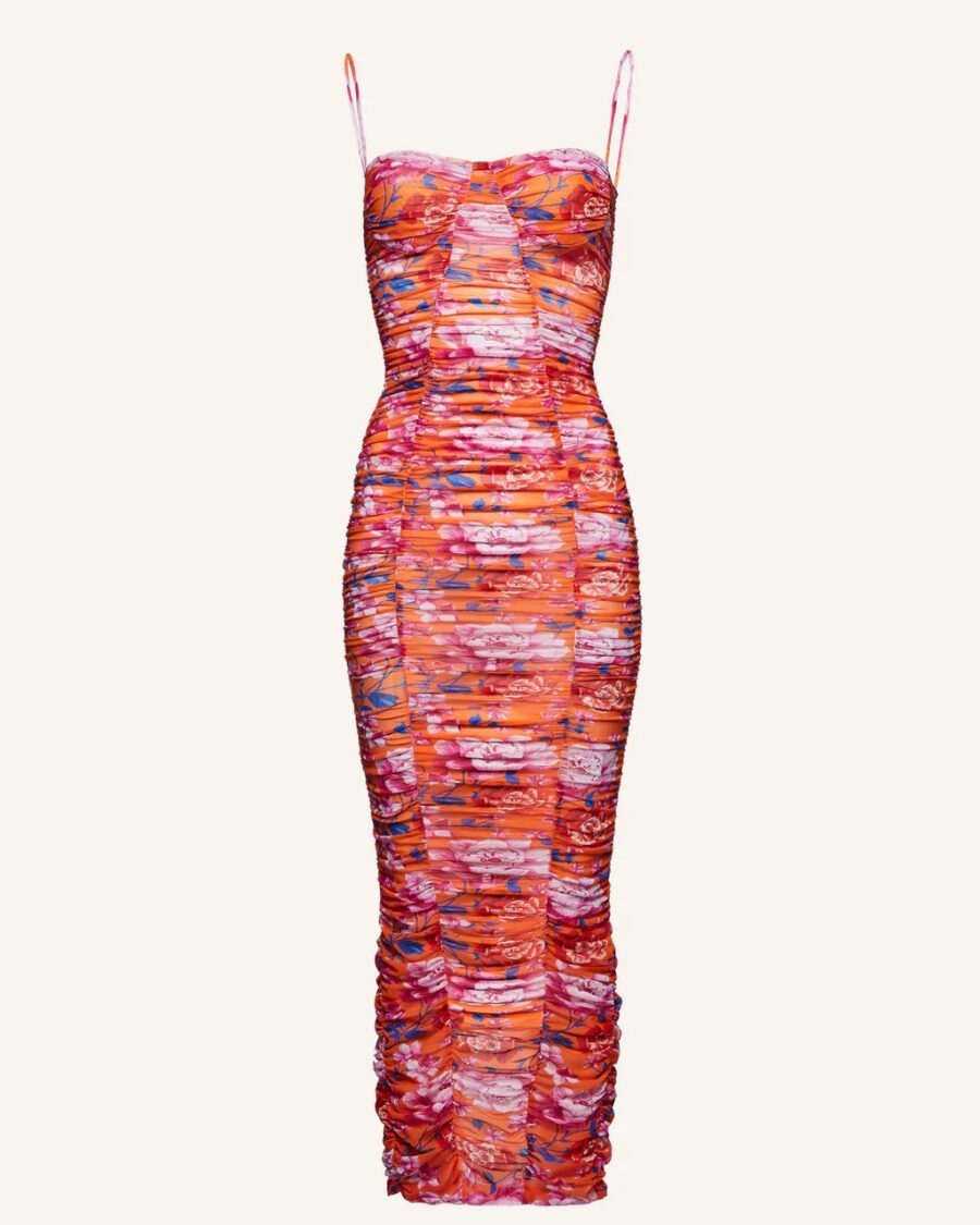RUCHED FLORAL MIDI DRESS
