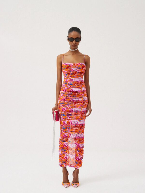 RUCHED FLORAL MIDI DRESS