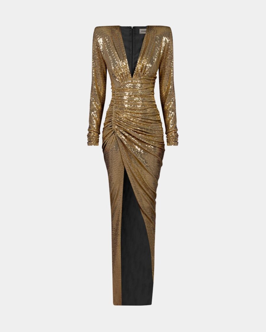 LAMÉ DRAPED MAXI DRESS