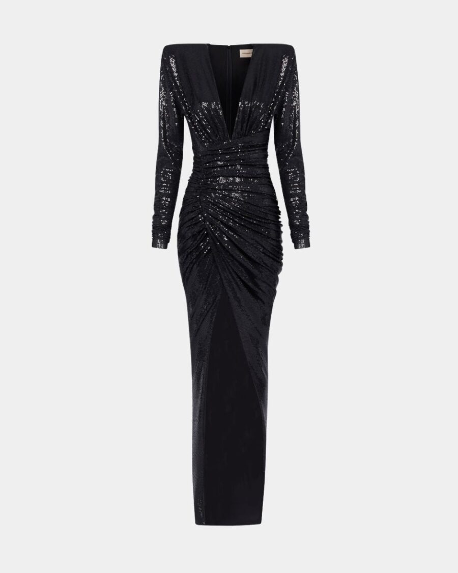 LAMÉ DRAPED MAXI DRESS