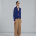 BLUE WOOL CARDIGAN WITH CONTRASTING MENDING