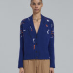 BLUE WOOL CARDIGAN WITH CONTRASTING MENDING