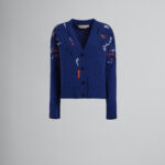 BLUE WOOL CARDIGAN WITH CONTRASTING MENDING
