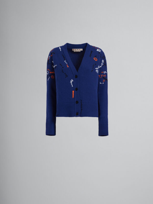BLUE WOOL CARDIGAN WITH CONTRASTING MENDING