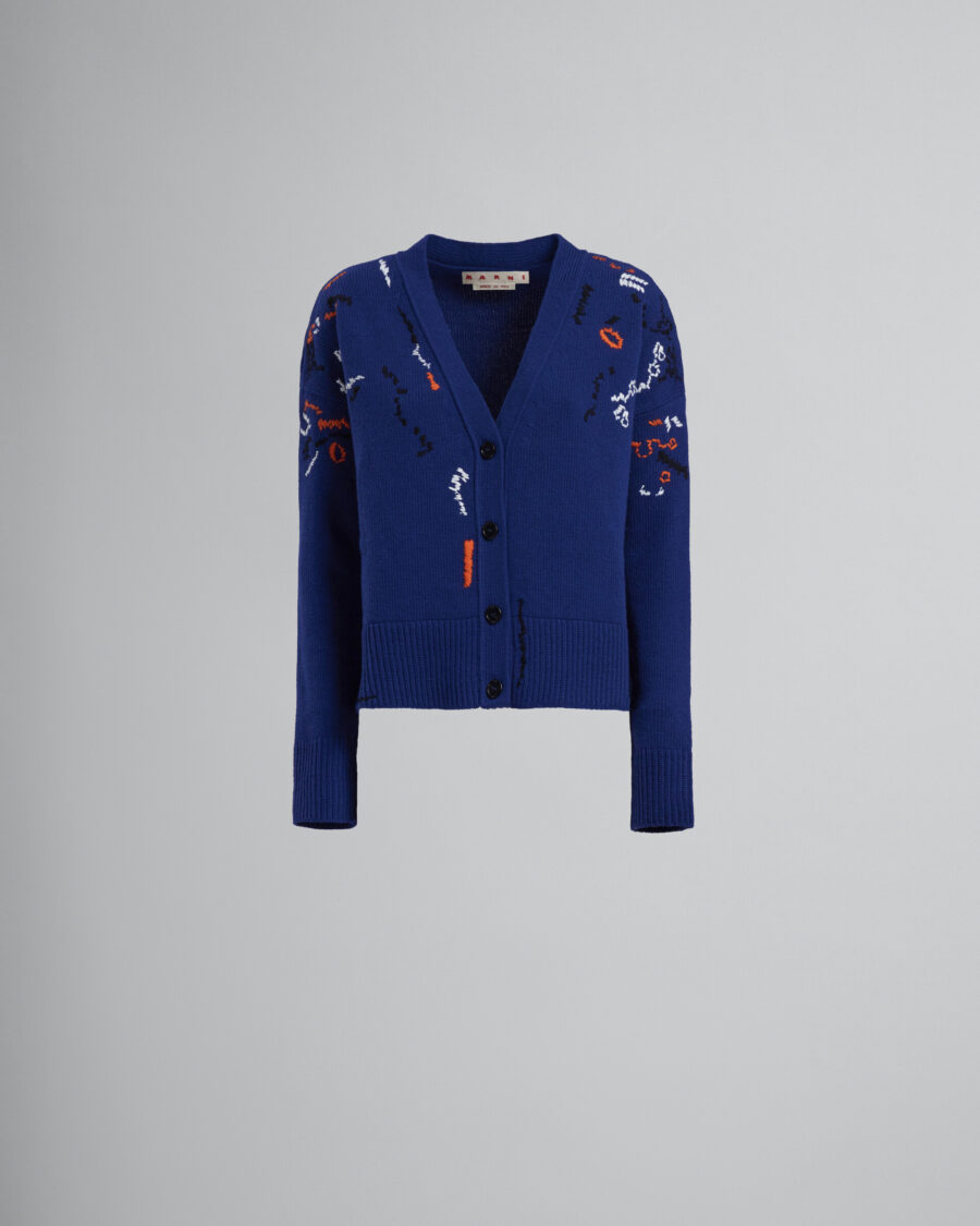 BLUE WOOL CARDIGAN WITH CONTRASTING MENDING