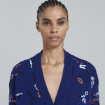 BLUE WOOL CARDIGAN WITH CONTRASTING MENDING