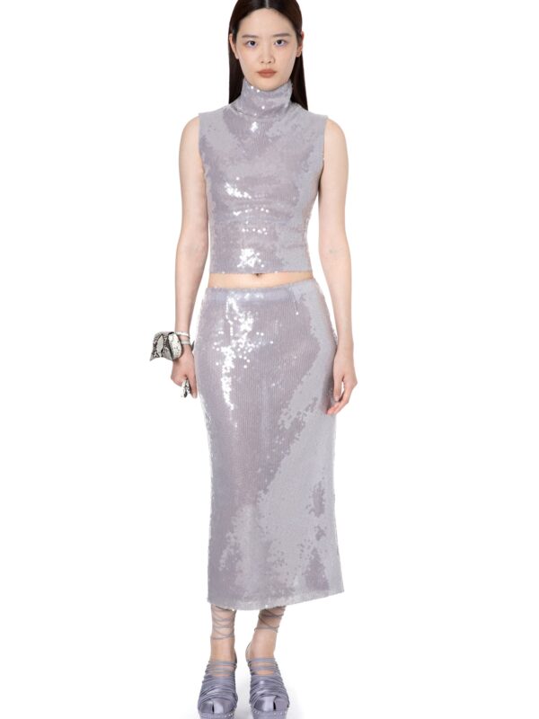 HAILE MIDI SKIRT IN ICE LAVENDER SEQUIN