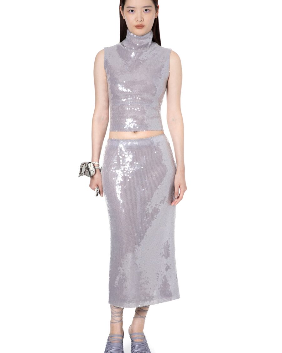 HAILE MIDI SKIRT IN ICE LAVENDER SEQUIN
