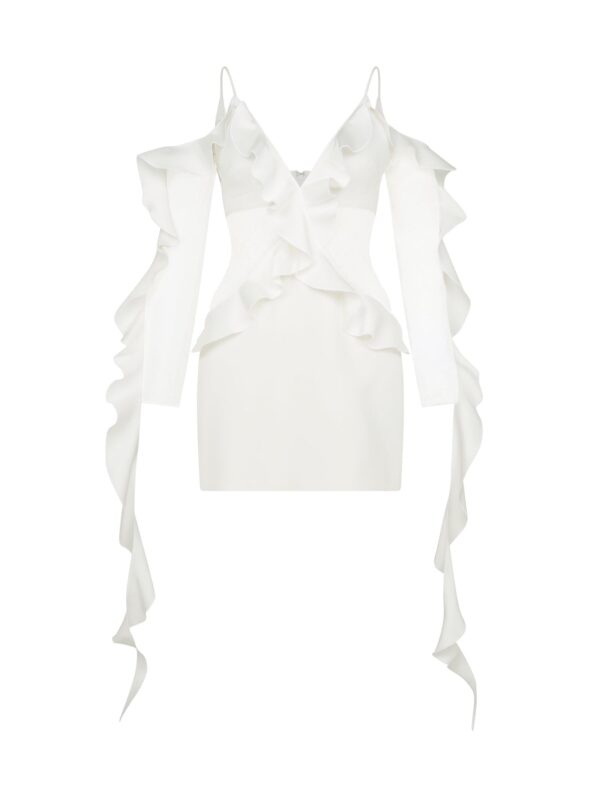 LONG SLEEVE RUFFLE & LACE MINI DRESS IN WHITE