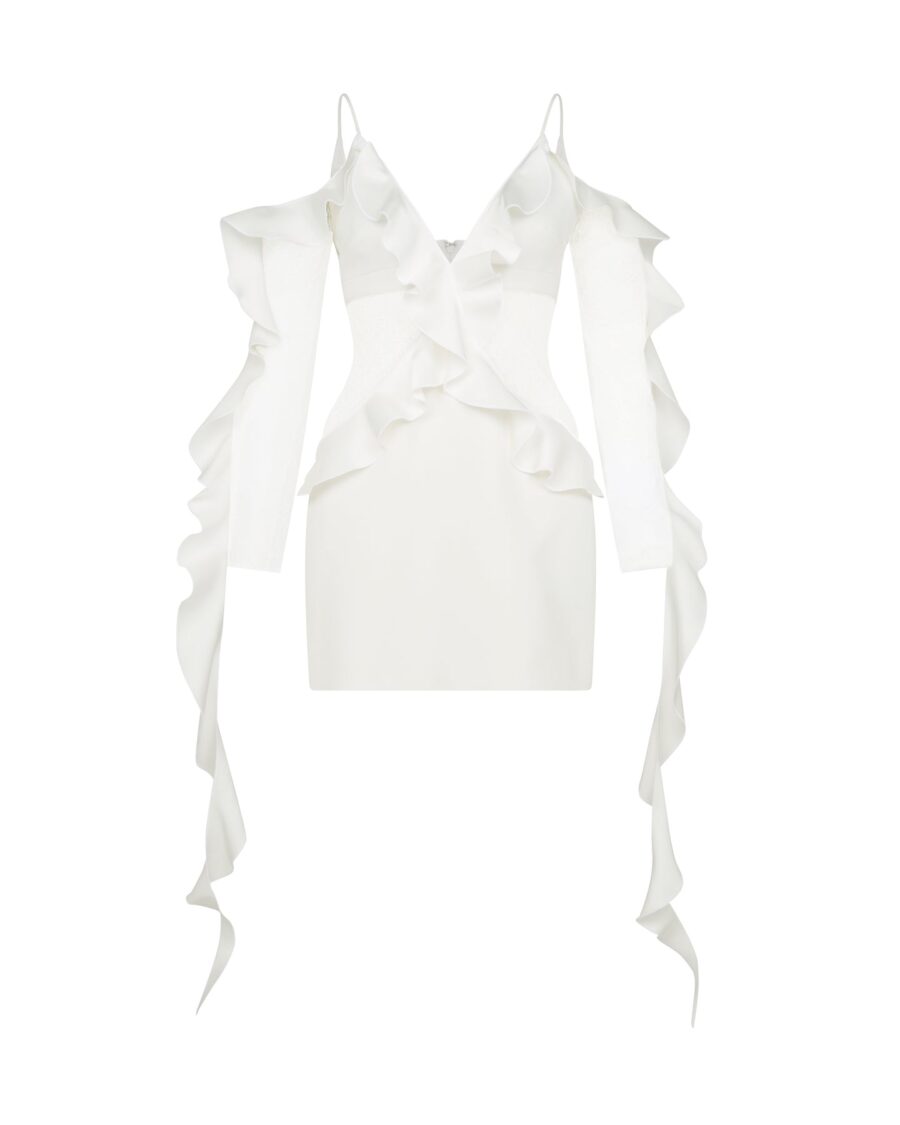 LONG SLEEVE RUFFLE & LACE MINI DRESS IN WHITE