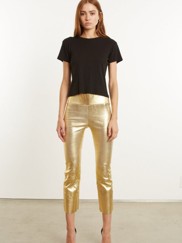 METALLIC GOLD LEATHER CROP FLARE LEGGINGS