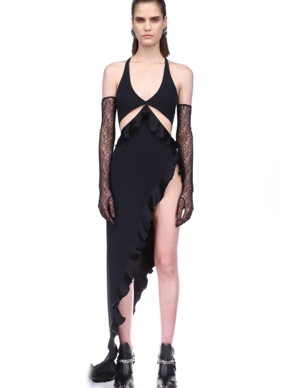 CUT-OUT AND RUFFLE OPEN LEG GOWN