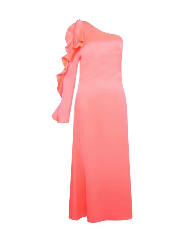 ONE SLEEVE RUFFLE MIDI DRESS IN PINK