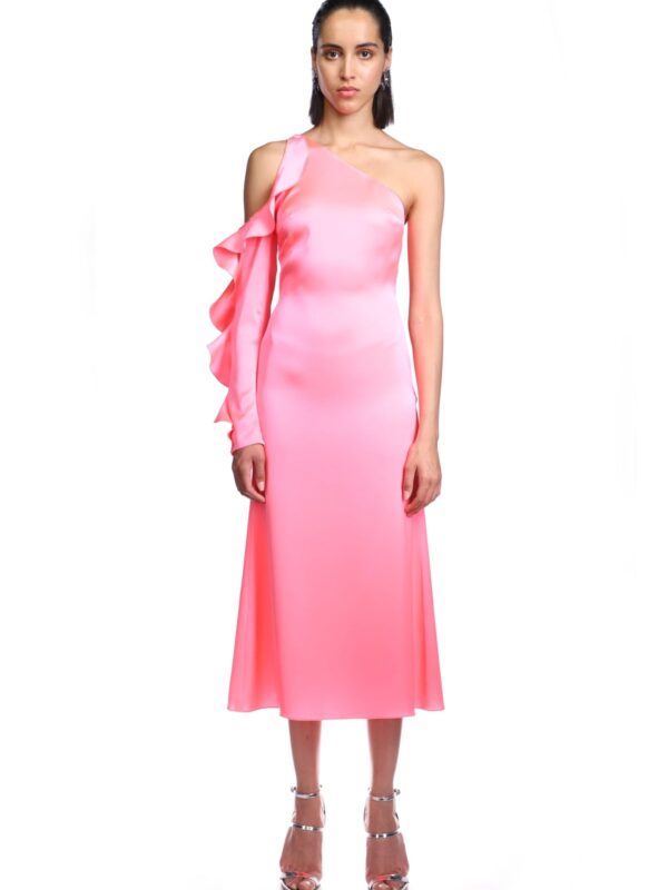 ONE SLEEVE RUFFLE MIDI DRESS IN PINK