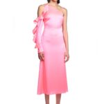 ONE SLEEVE RUFFLE MIDI DRESS IN PINK