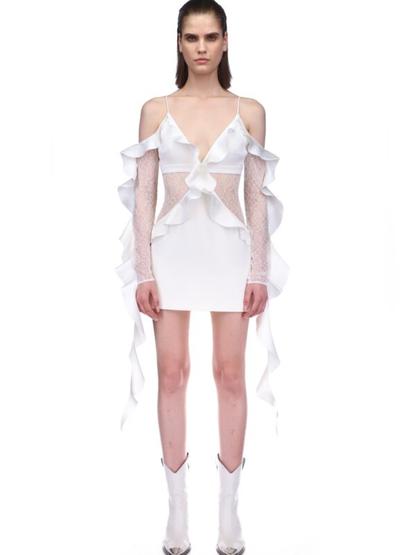 LONG SLEEVE RUFFLE & LACE MINI DRESS IN WHITE