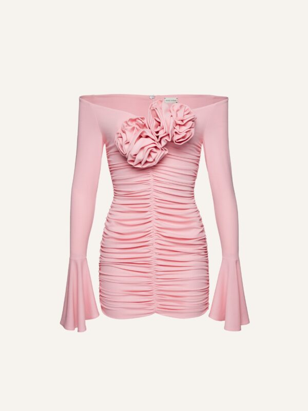RUCHED ROSES BELL SLEEVES MINI DRESS