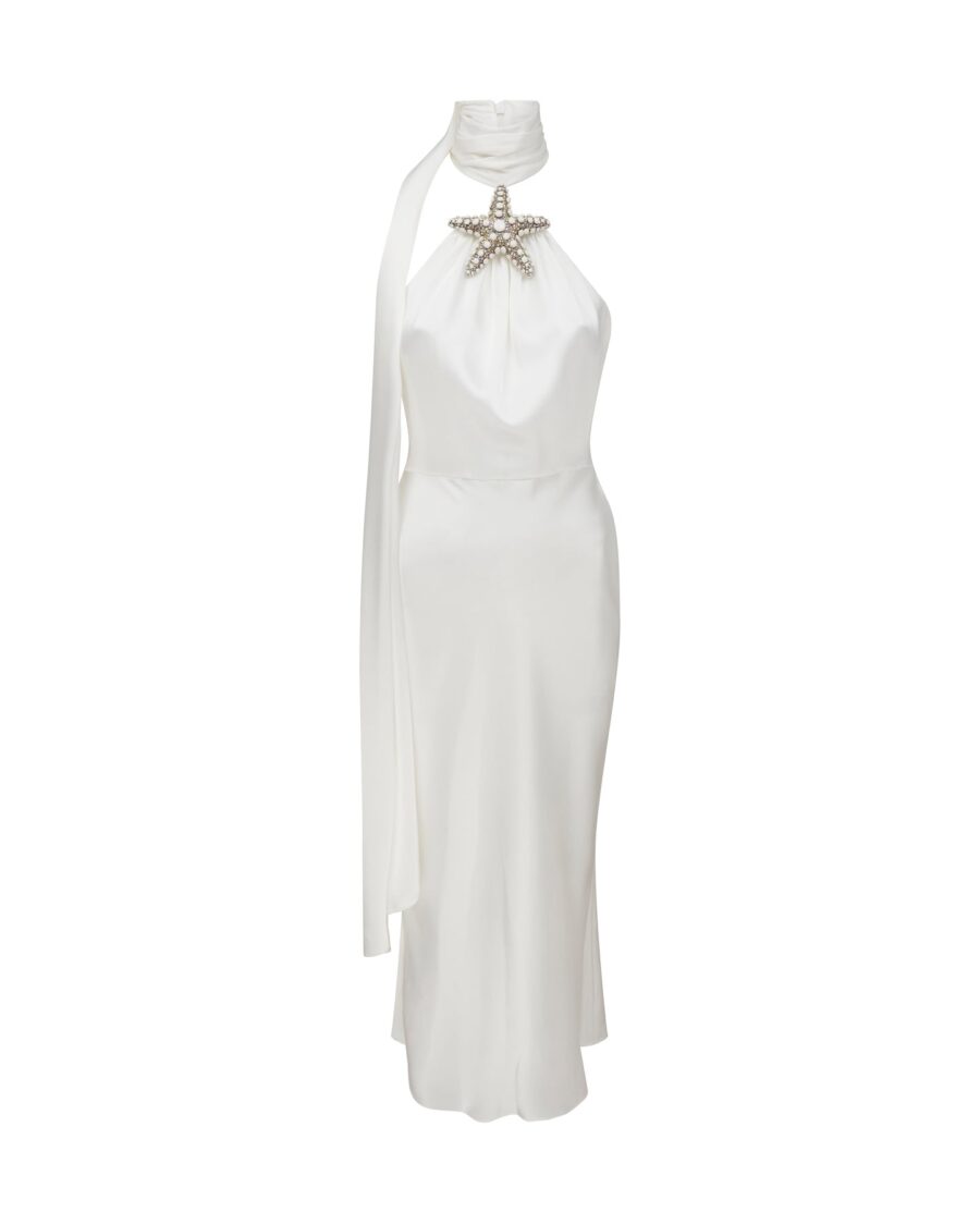 CRYSTAL STARFISH HALTER AND FLOUNCE MIDI DRESS