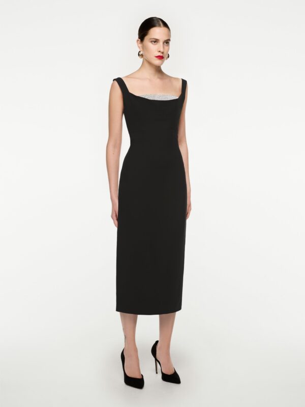 OFF SHOULDER SILK WOOL DIAMANTE MIDI DRESS