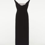 OFF SHOULDER SILK WOOL DIAMANTE MIDI DRESS