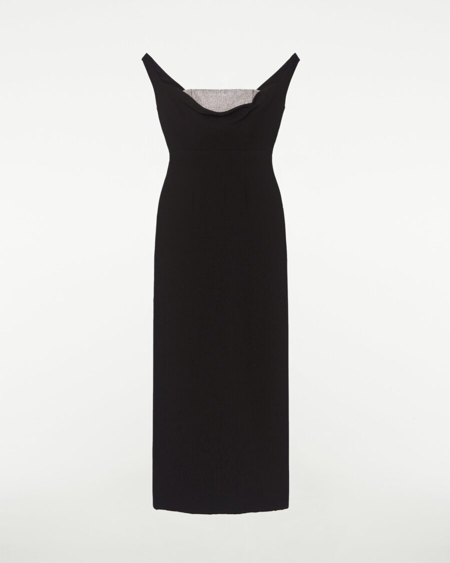 OFF SHOULDER SILK WOOL DIAMANTE MIDI DRESS
